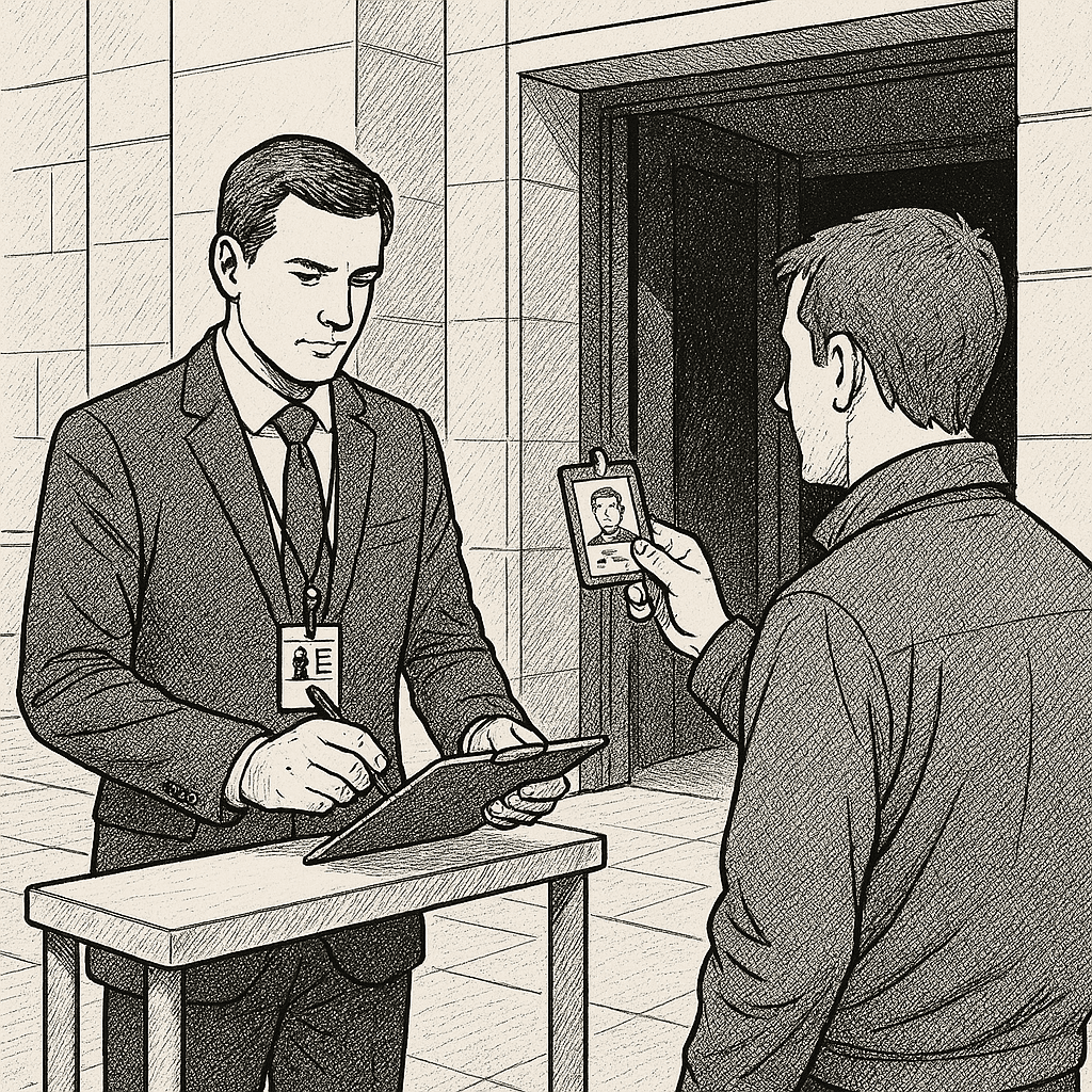 Un agent de sécurité filtre les entrées d'un bâtiment