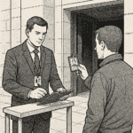 Un agent de sécurité filtre les entrées d'un bâtiment